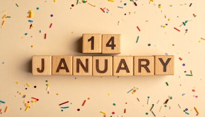 Wooden Blocks with Date 14 January. Calendar for birthday or anniversary on solid colored background with confetti