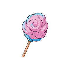 Vibrant cotton candy swirl on a stick with a clean white background for sweet treat designs