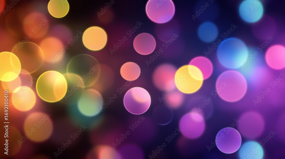 Poster colorful glowing circles on dark backdrop creating a festive abstract background with bokeh effects