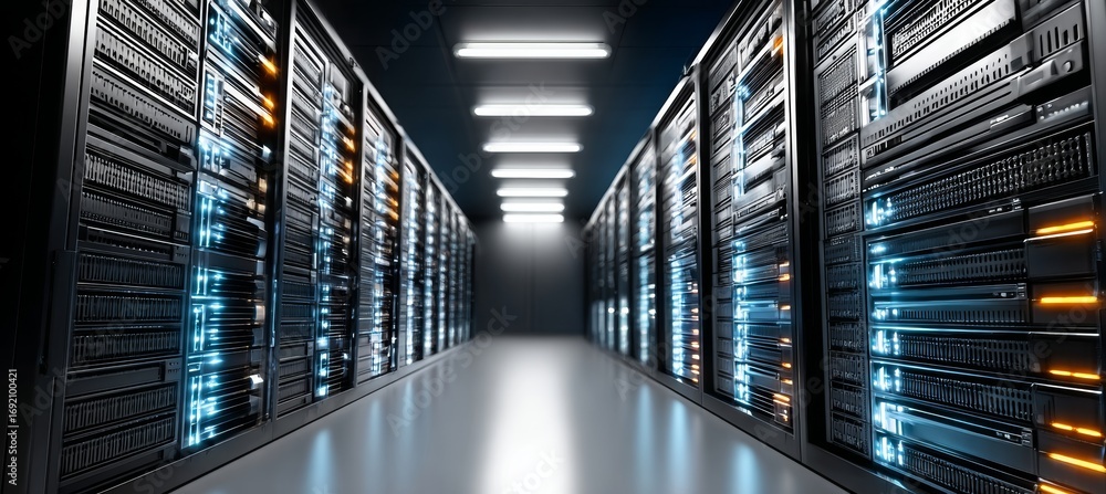 Poster a modern data center server room showcasing rows of high-performance computer racks and connectivity
