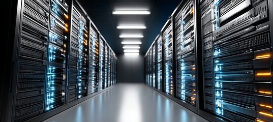 A modern data center server room showcasing rows of high-performance computer racks and connectivity