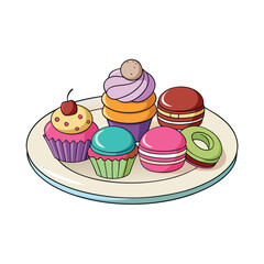 Delicious dessert plate with assorted donuts cupcakes and colorful macarons illustration