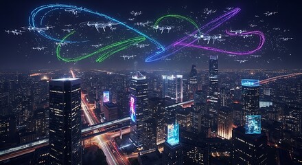 Drone Light Show Over Futuristic City at Night.