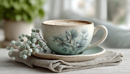 Empty teacup on cotton napkin expressing loneliness in mint and grey tones