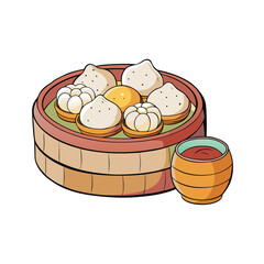 Delicious dim sum basket filled with assorted dumplings and hot tea