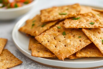 Spicy crackers on plate with salsa and herbs. Neural network AI generated