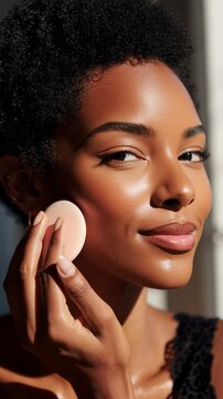 Glowing skin makeup tutorial featuring a young woman applying foundation in natural light