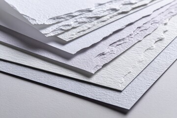 Stacked sheets of varying white and off-white papers, some with textured surfaces and ragged edges