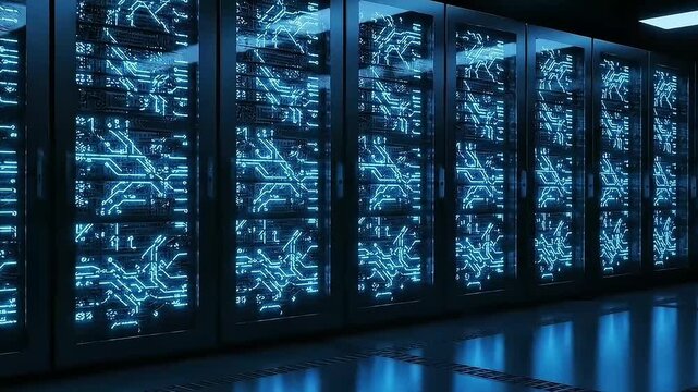 Futuristic Data Server Rack with Glowing Circuit Patterns in Dark Room