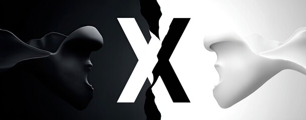Divided faces flanking a large, bold "X" in black and white