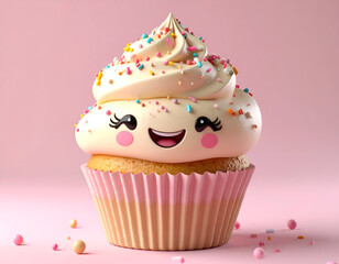 Cheerful Cartoon Cupcake with Sprinkles on Pink Background