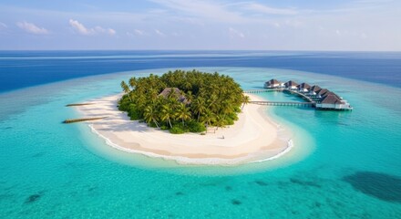 Aerial view of a stunning tropical island paradise with white sandy beaches, lush palm trees, and luxurious overwater bungalows in the crystal-clear turquoise waters of the Maldives.