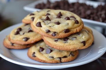 Stack of chocolate chip cookies on marble table. Neural network AI generated