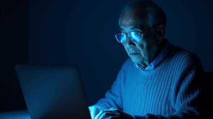 Elderly Man Working on Laptop at Night with Blue Light Glow