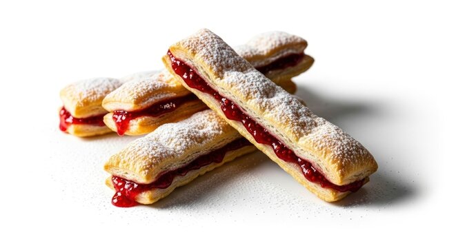 Close-up of golden puff pastry desserts filled with vibrant red berry jam and sprinkled with delicate powdered sugar, presented on a clean white surface.