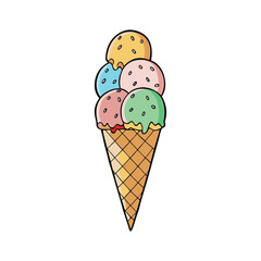 Delicious ice cream cone illustration with three colorful scoops and festive sprinkles