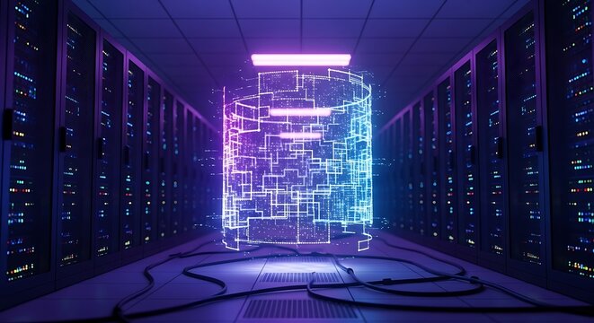 Futuristic Data Center with Holographic Display and Server Racks. - Powered by Adobe