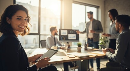Smiling businesswoman holds a tablet in a sunny modern office, with colleagues collaborating in the background. Focus on technology, teamwork, and professional success.