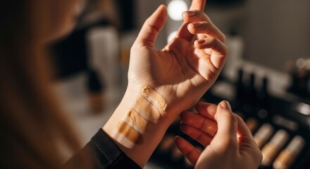 Testing different foundation shades on skin. A close-up of a hand with various liquid makeup swatches for color matching.