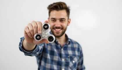 A man is prominently featured holding a small three wheeled dartboard with his left hand while extending his right arm for a thumbs up gesture
