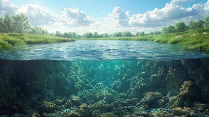 Obraz premium Serene Lake with Clear Waters Revealing Underwater Rocks and Lush Green Surroundings