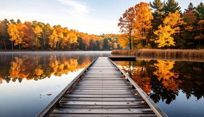 Autumnal lake vista with wooden dock