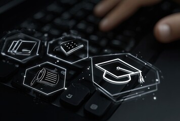 Hand typing on a laptop keyboard with overlayed educational icons