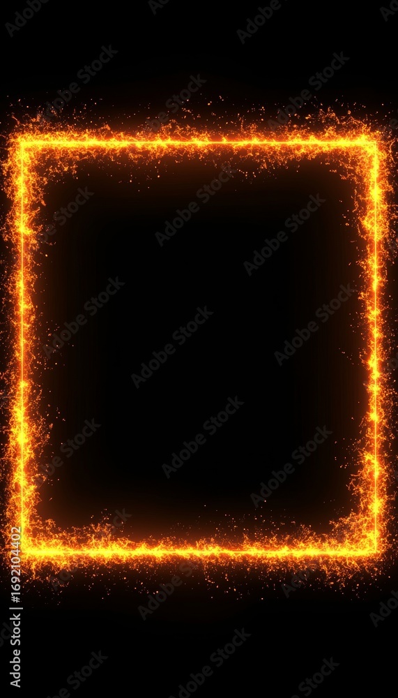 Poster glowing square frame sign with fiery border and neon light effect on black background design