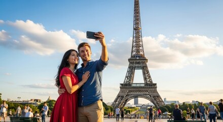 Couple taking selfie with Eiffel Tower in Paris, France.