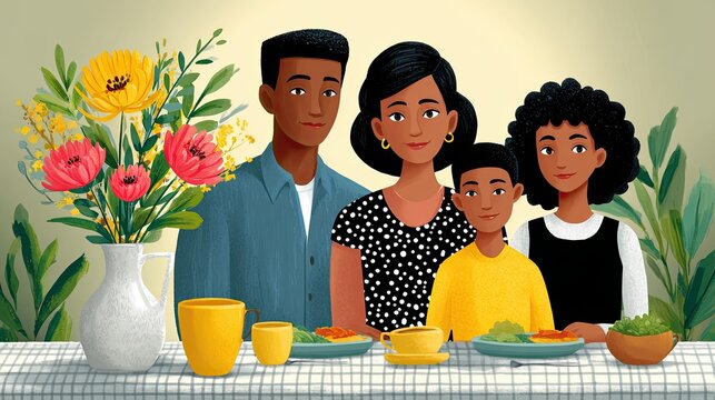 A diverse family gathered around a table, with vibrant flowers and colorful dishes, symbolizing unity, joy, and a shared meal in a warm, inviting atmosphere.