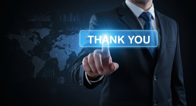 Global Thanks Businessman Presses Thank You. - Powered by Adobe