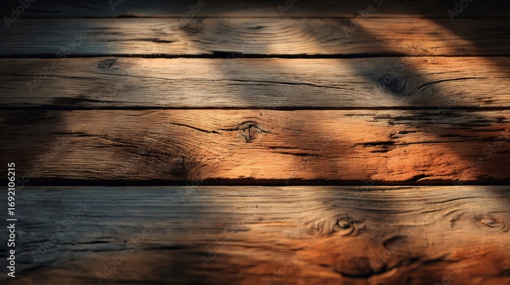 Poster sunlight filtering through window creating shadows on rustic wooden planks