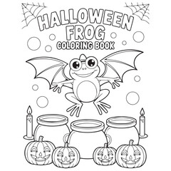 Cute Halloween Frog with Bat Wings – Black and White Line Art for Kids Coloring Book