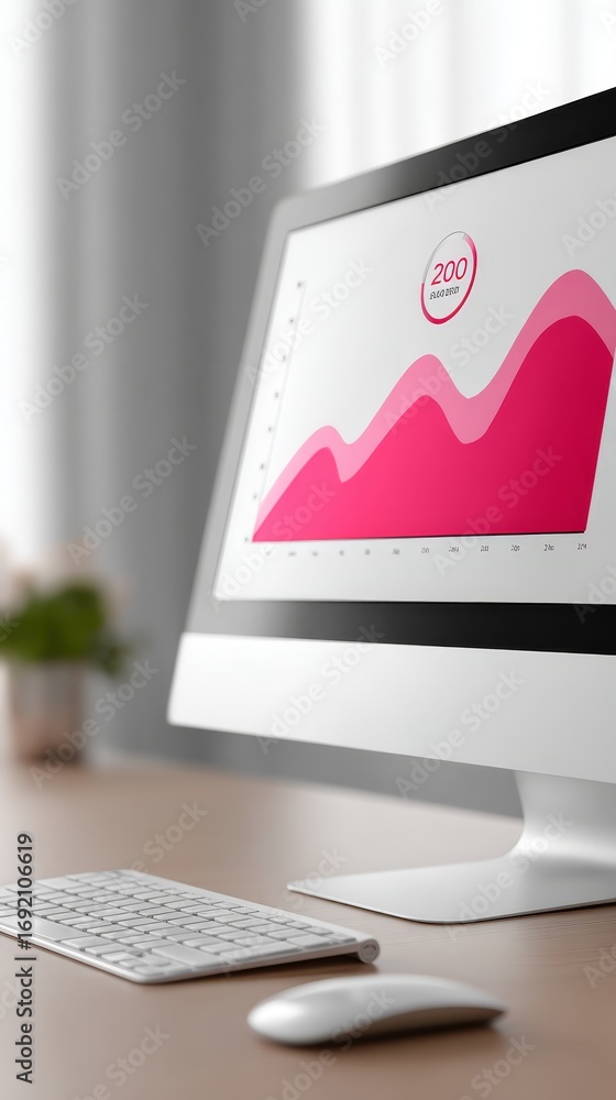 Poster vibrant pink graphic design displayed on modern computer monitor in minimalist workspace.