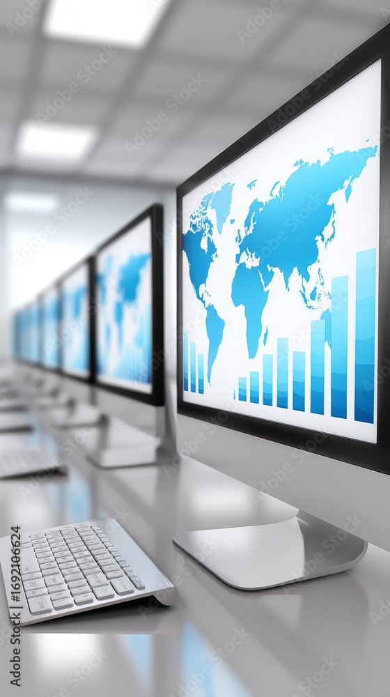Poster global connectivity, exploring the world through a computer monitor displaying detailed world map.