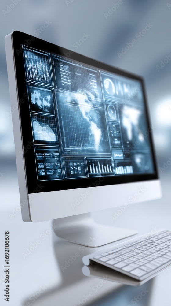 Aufkleber exploring digital connections, man on computer monitor in modern workspace setting.