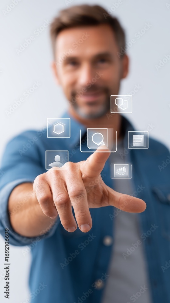 Poster man interacts with futuristic touch screen interface, a glimpse into modern technology and user expe