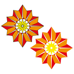 Abstract floral pattern. Orange and yellow ornaments. Decorative flower symbols. Vector star illustrations. EPS 10.