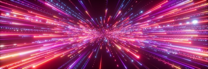 Naklejka premium 3D render of an abstract neon background featuring shooting stars, blue and red sparkling fireworks, and a cosmic explosion reminiscent of the Big Bang in a fantastic universe.