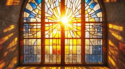 Stunning Illuminated Stained Glass Window Casting Colorful Light, Enchanting Religious Architecture