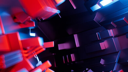 3D abstract sci-fi illustration with greeble effect. Futuristic tunnel of glowing metal blocks in motion, inspired by space and science fiction aesthetics.