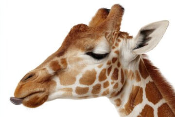 Obraz premium Close-up of a giraffe's head and neck, showing its spotted pattern and a visible tongue