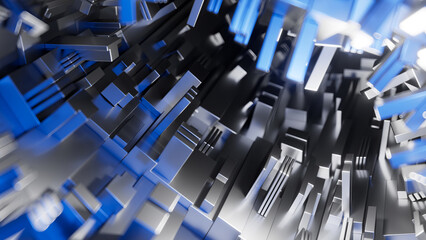 3D abstract sci-fi illustration with greeble effect. Futuristic tunnel of glowing metal blocks in motion, inspired by space and science fiction aesthetics.