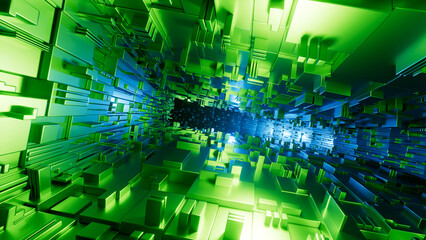 3D rendering of an abstract geometric background. Metallic blocks illuminated by blue and green neon lights with depth of field effect.