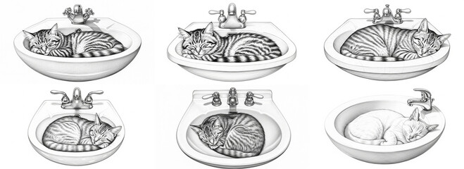 Collage of hand-drawn cats sleeping curled in bathroom sinks