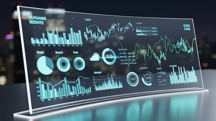 Futuristic data visualization on a transparent screen displaying analytics in a modern cityscape at night - Powered by Adobe