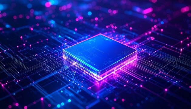 Abstract digital circuit board with glowing central processor - Powered by Adobe
