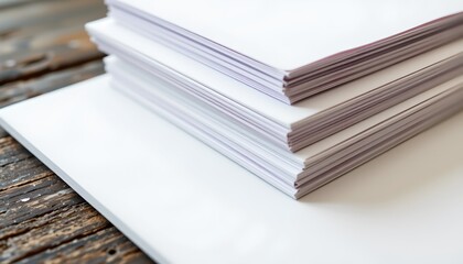 Papers stacked vertically with an open paper lying flat atop them. The papers are arranged in a neat pile against a wooden surface, suggesting they might be related to work or organization.