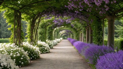 Autumn leaves carpet a peaceful stone path winding through a park forest