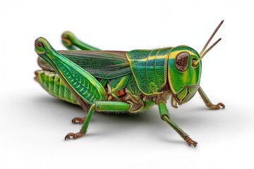 Fototapeta premium Bright green grasshopper standing on white background